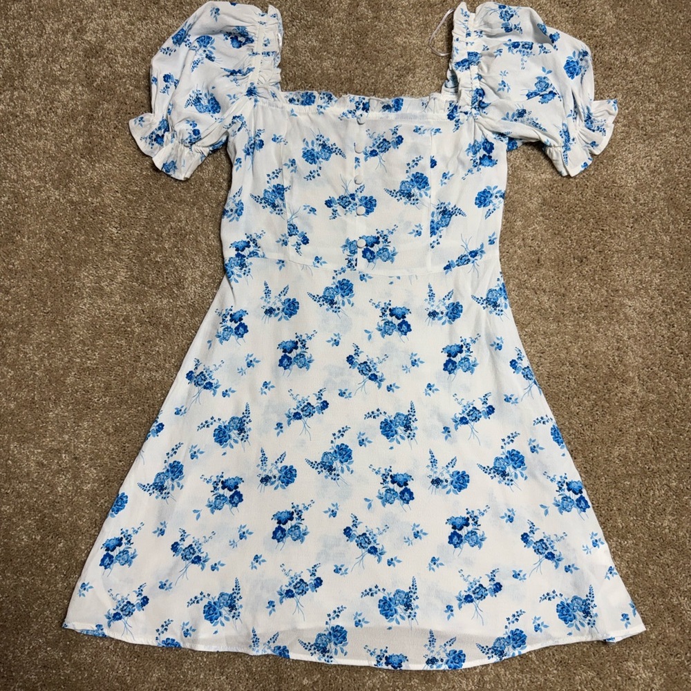 Zara White Mini Dress with Light Blue Floral Print